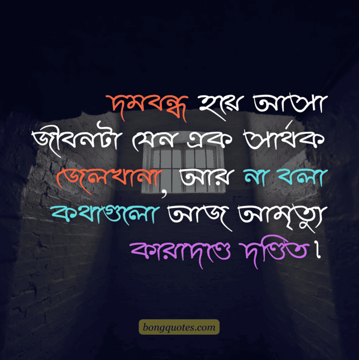 দমবন্ধ হয়ে আসা জীবনটা যেন এক সার্থক জেলখানা, আর না বলা কথাগুলো আজ আমৃত্যু কারাদণ্ডে দণ্ডিত। - জীবন নিয়ে ক্যাপশন
