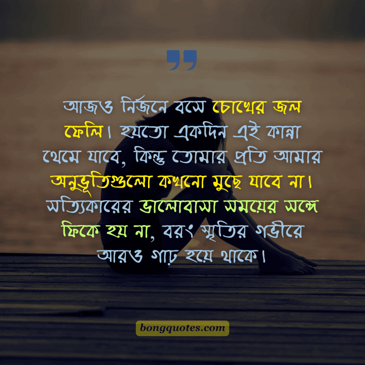আজও নির্জনে বসে চোখের জল ফেলি। হয়তো একদিন এই কান্না থেমে যাবে, কিন্তু তোমার প্রতি আমার অনুভূতিগুলো কখনো মুছে যাবে না। সত্যিকারের ভালোবাসা সময়ের সঙ্গে ফিকে হয় না, বরং স্মৃতির গভীরে আরও গাঢ় হয়ে থাকে।